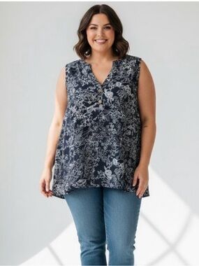Penningtons Navy White Floral V-Neck Sleeveless Button Tunic Top Blouse Plus 3X